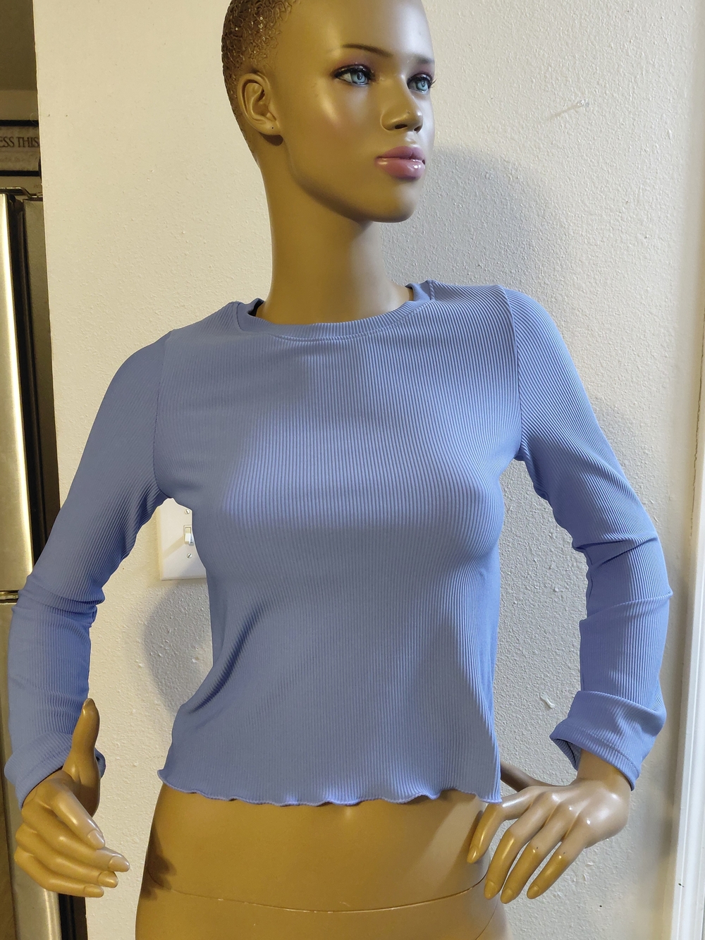 Lands' End Ribbed Long-Sleeve Crewneck Top - Light Blue